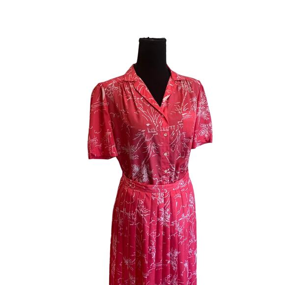 Vintage 2 Piece Pink Coral Collared Blouse & Matching Pleated Skirt Est Size - S - Picture 10 of 10